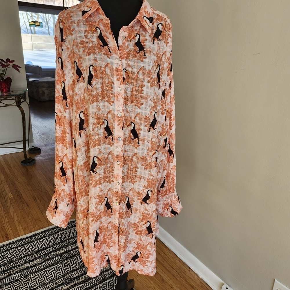 Jane and Delancey Orange and Black tropical toucan Print Long Sleeve Top